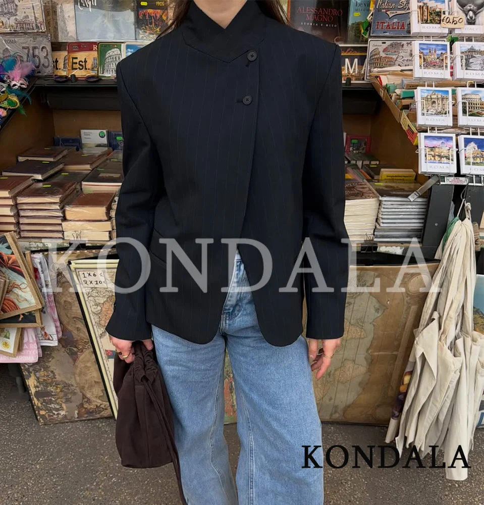 KONDALA Women Commute Pinstripe Blazer High-Neck Button Stripe Hacking Blazer 2026 Spring Summer Trends High Street Lady Blazer