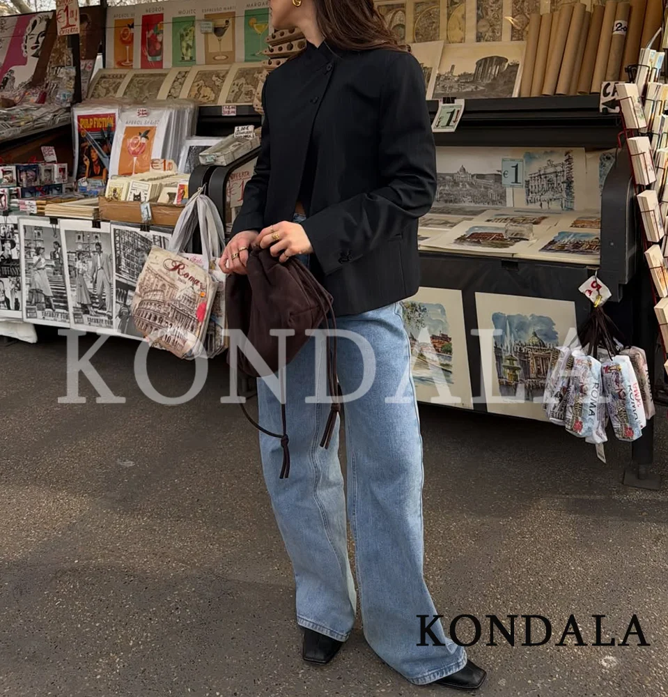 KONDALA Women Commute Pinstripe Blazer High-Neck Button Stripe Hacking Blazer 2026 Spring Summer Trends High Street Lady Blazer