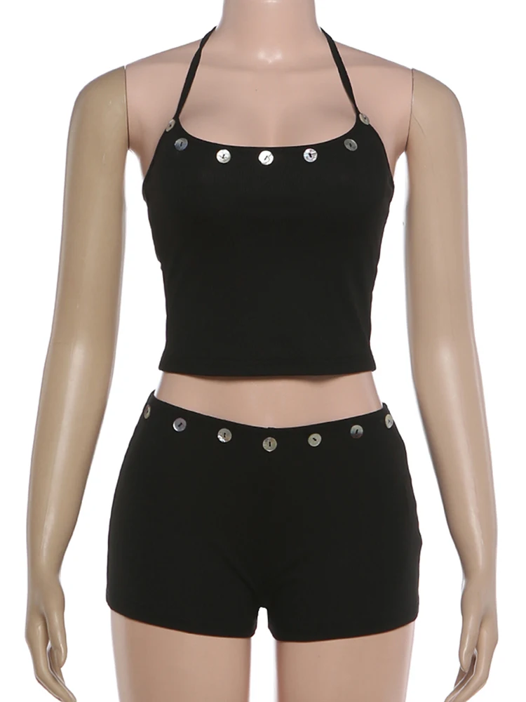 Kliou Button Patchwork 2 Piece Set Woman Halter Backless Navel Exposed Camisole Tops+Skinny Peach Hip Shorts Sexy Fashion Suits