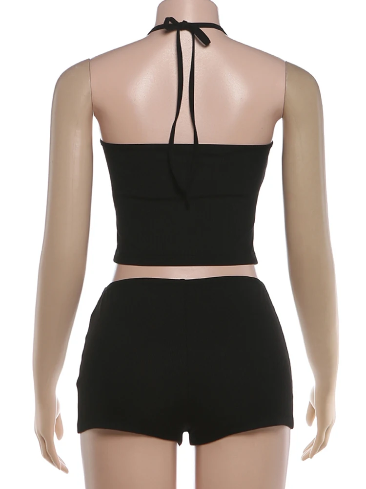 Kliou Button Patchwork 2 Piece Set Woman Halter Backless Navel Exposed Camisole Tops+Skinny Peach Hip Shorts Sexy Fashion Suits