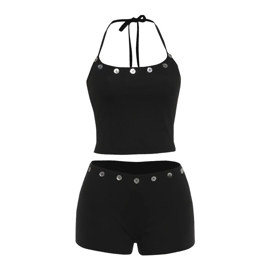 Kliou Button Patchwork 2 Piece Set Woman Halter Backless Navel Exposed Camisole Tops+Skinny Peach Hip Shorts Sexy Fashion Suits