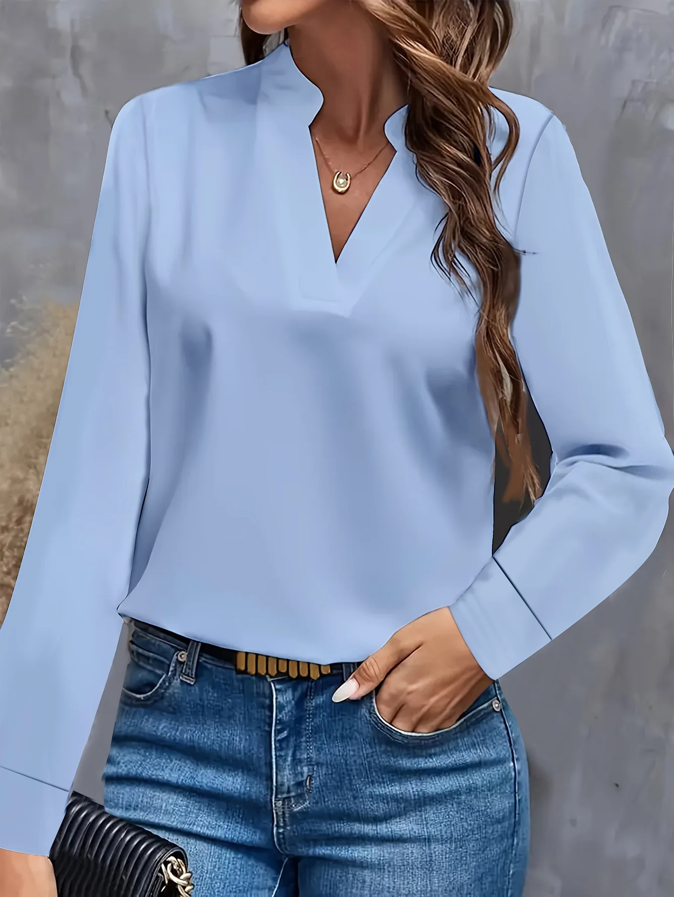 Women's Elegant Solid Light Blue V-Neck Long Sleeve Blouse with Flowy Loose Fit and Notch Collar for Casual Office Wear