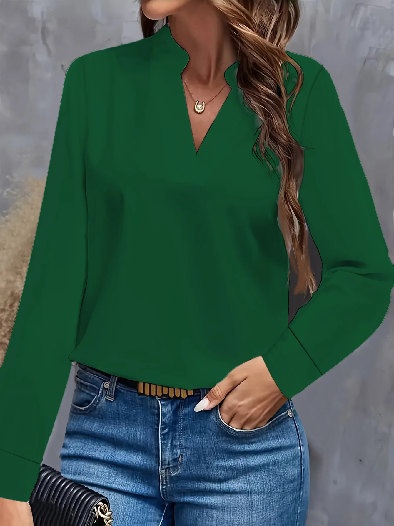 Women's Elegant Solid Light Blue V-Neck Long Sleeve Blouse with Flowy Loose Fit and Notch Collar for Casual Office Wear