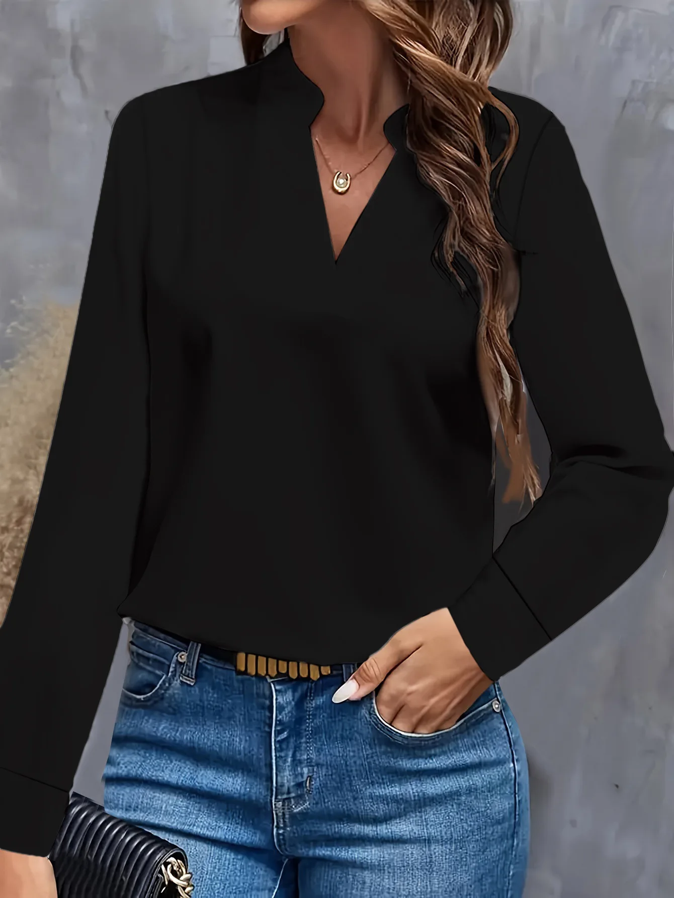 Women's Elegant Solid Light Blue V-Neck Long Sleeve Blouse with Flowy Loose Fit and Notch Collar for Casual Office Wear
