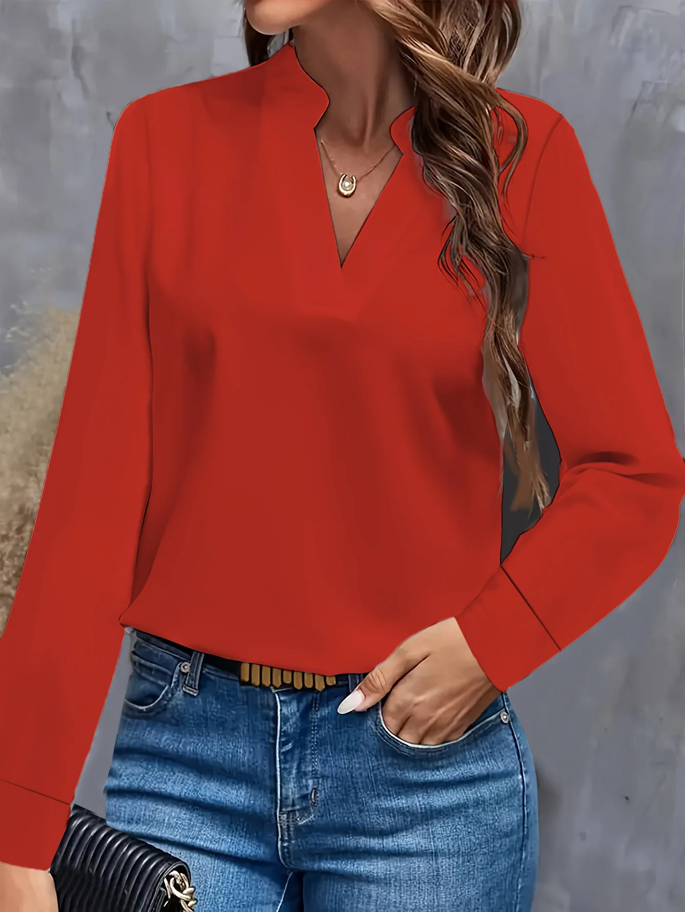 Women's Elegant Solid Light Blue V-Neck Long Sleeve Blouse with Flowy Loose Fit and Notch Collar for Casual Office Wear