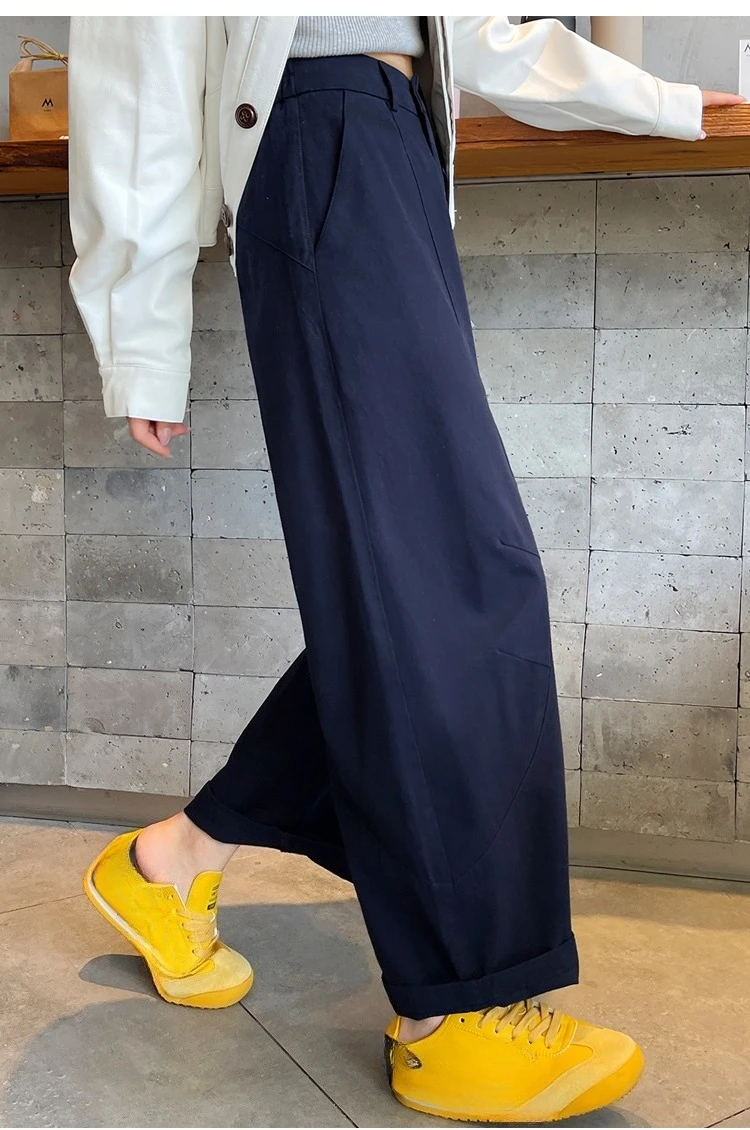 Spring Summer High Waist Cotton Women's Wide Leg Pants 2026 New Single Button Casual Loose Ankle Length Trousers Female
