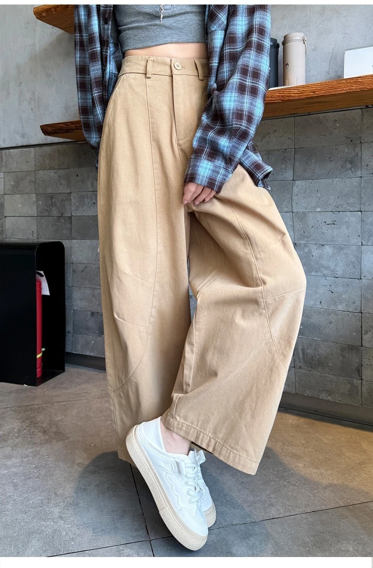 Spring Summer High Waist Cotton Women's Wide Leg Pants 2026 New Single Button Casual Loose Ankle Length Trousers Female