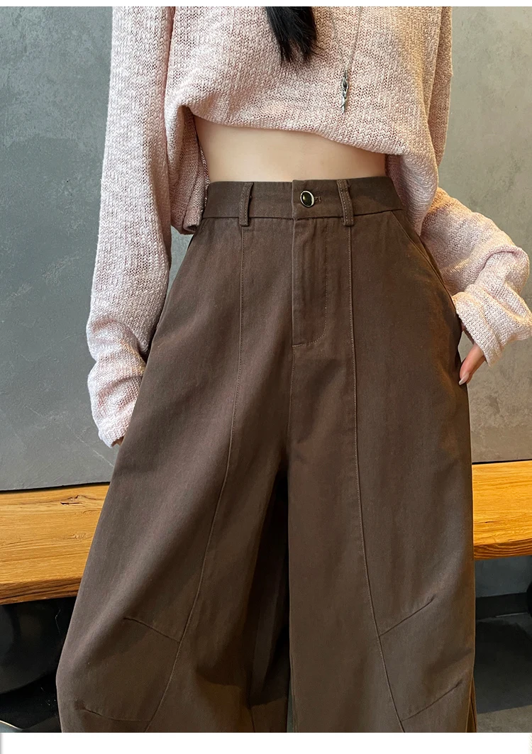 Spring Summer High Waist Cotton Women's Wide Leg Pants 2026 New Single Button Casual Loose Ankle Length Trousers Female