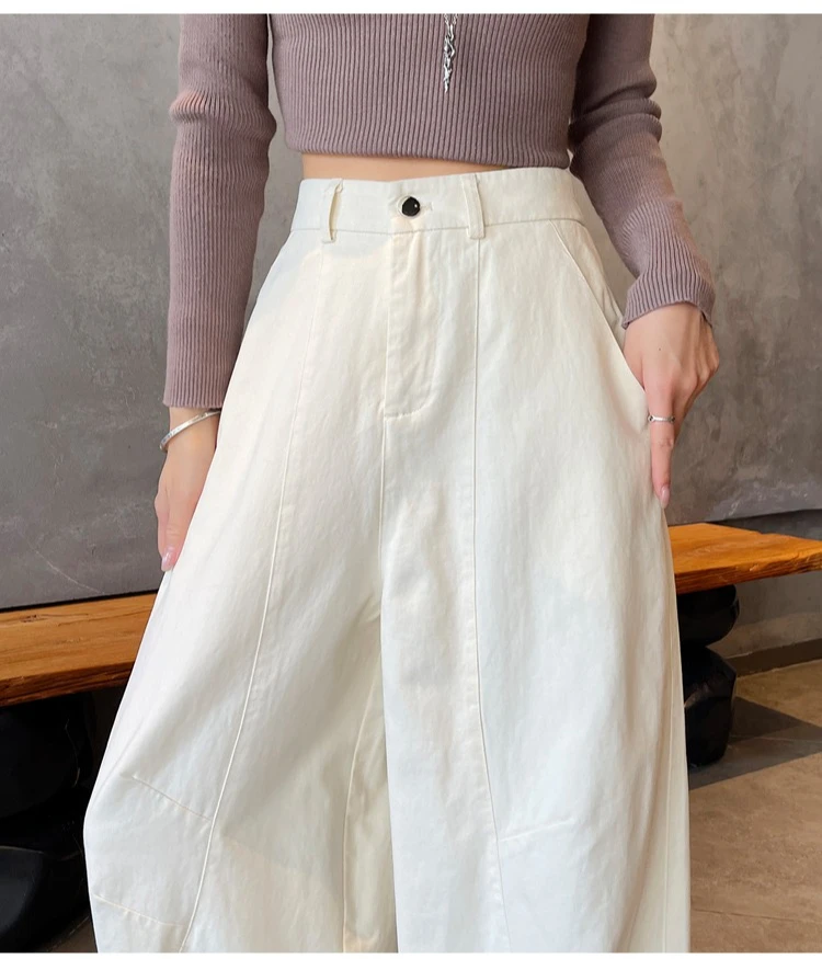 Spring Summer High Waist Cotton Women's Wide Leg Pants 2026 New Single Button Casual Loose Ankle Length Trousers Female