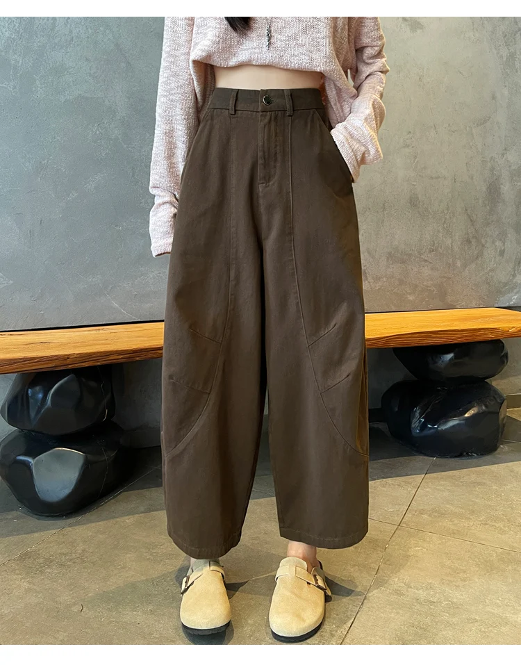 Spring Summer High Waist Cotton Women's Wide Leg Pants 2026 New Single Button Casual Loose Ankle Length Trousers Female