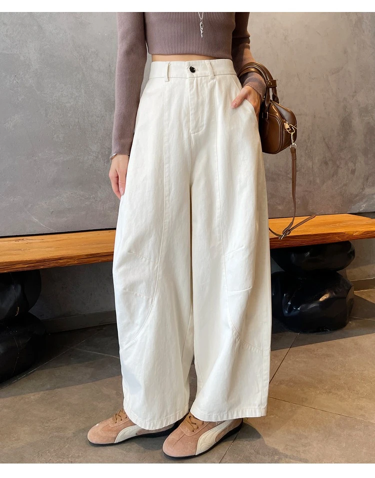 Spring Summer High Waist Cotton Women's Wide Leg Pants 2026 New Single Button Casual Loose Ankle Length Trousers Female