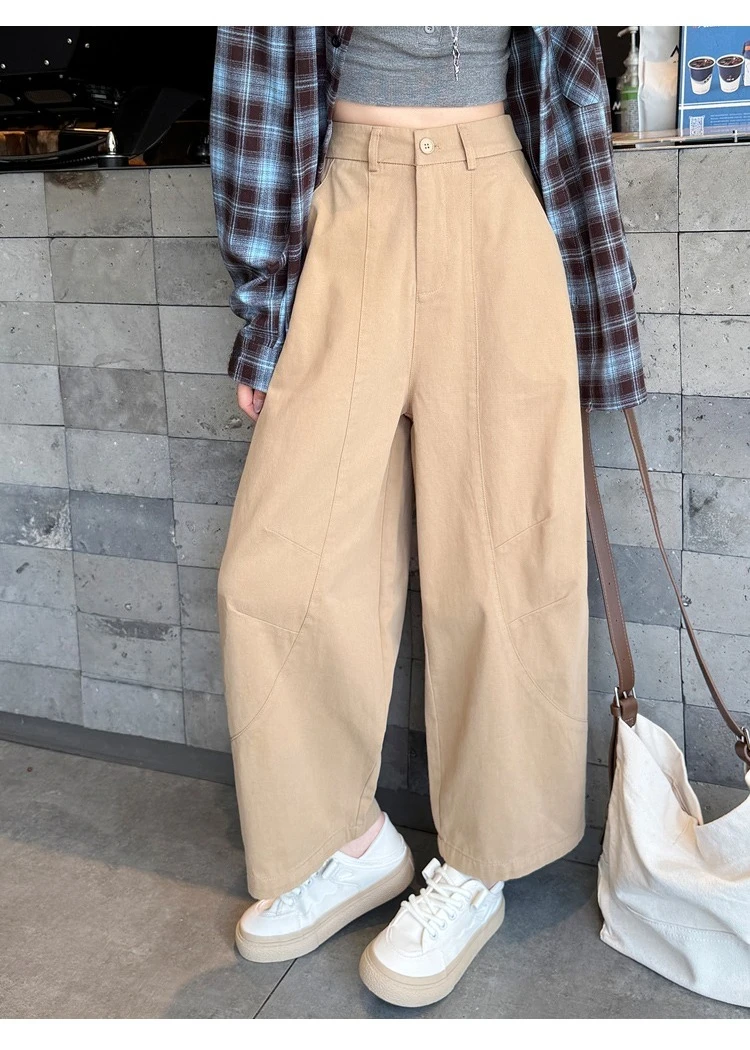 Spring Summer High Waist Cotton Women's Wide Leg Pants 2026 New Single Button Casual Loose Ankle Length Trousers Female