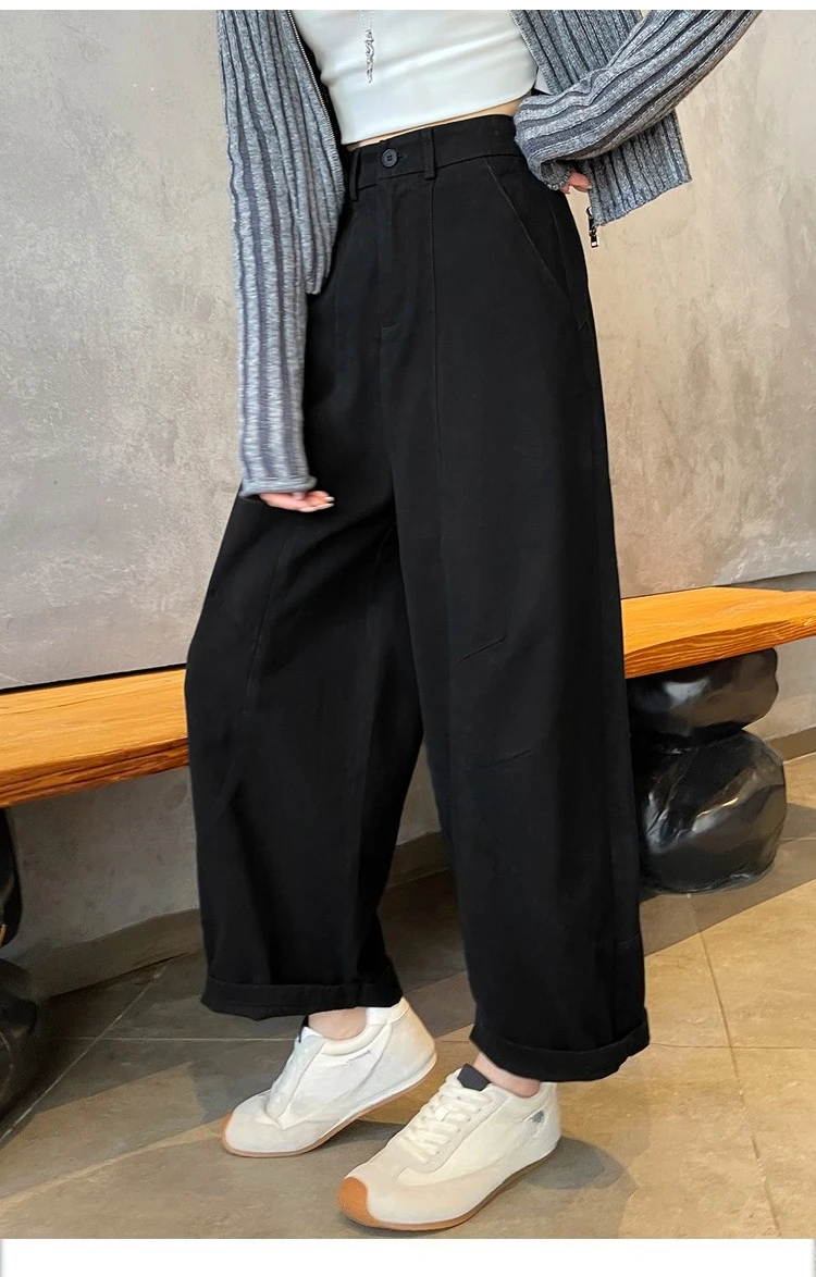 Spring Summer High Waist Cotton Women's Wide Leg Pants 2026 New Single Button Casual Loose Ankle Length Trousers Female