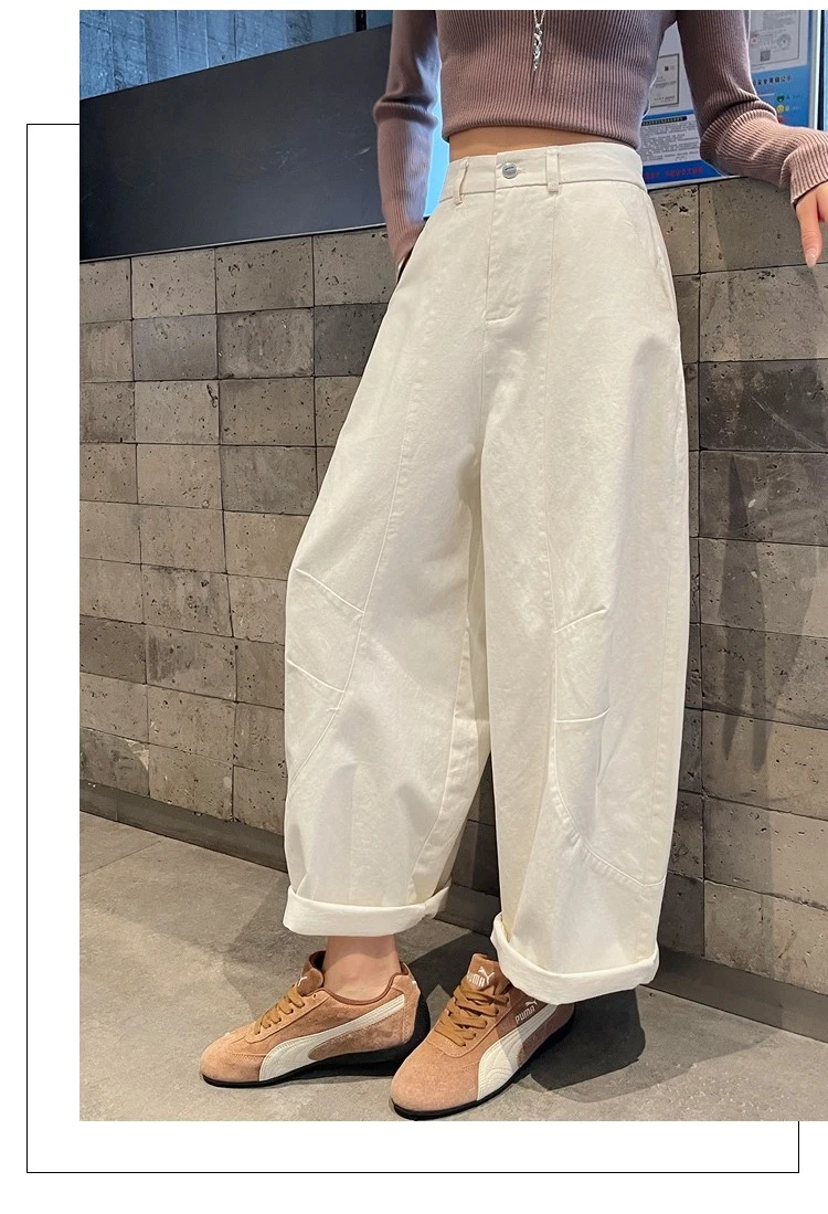 Spring Summer High Waist Cotton Women's Wide Leg Pants 2026 New Single Button Casual Loose Ankle Length Trousers Female