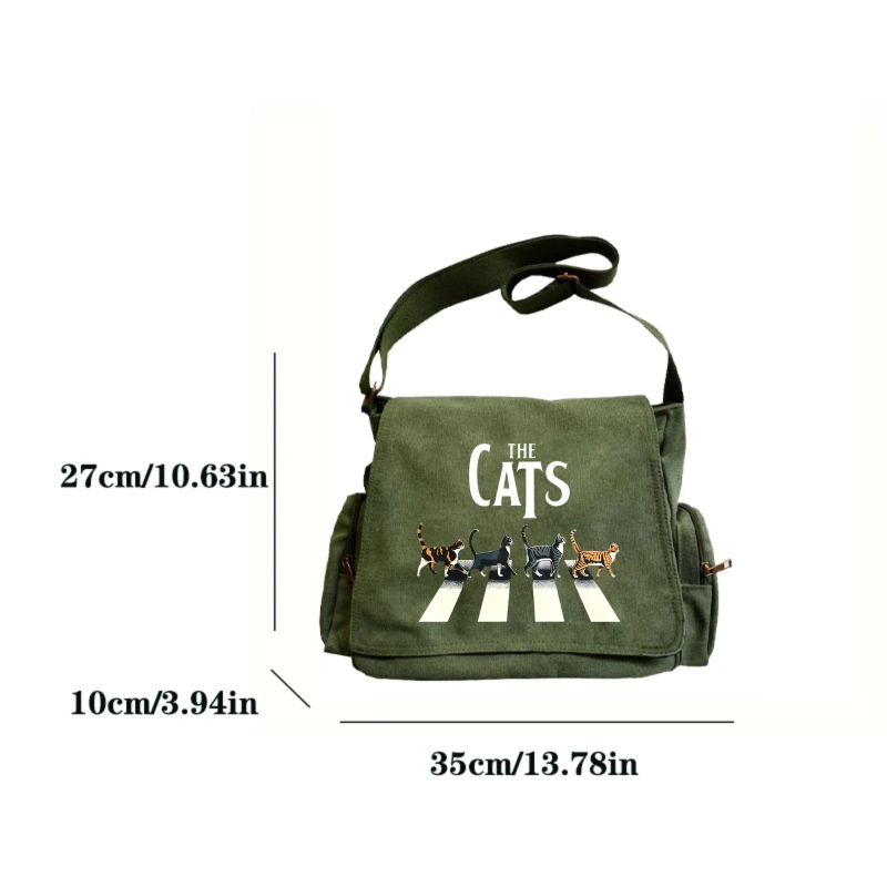 Retro Womens Messenger Bag Canvas Quirky Cat Print Large Capacity Crossbody Bag Daily Use Mens Shoulder Bag