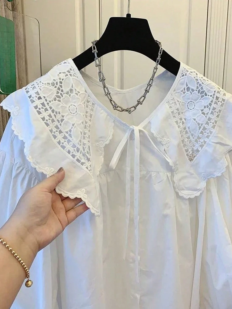 Women's Casual Loose Doll Collar Blouse, Elegant Lace Trim Peter Pan Collar Shirt, Sweet Daily Top for Spring Summer