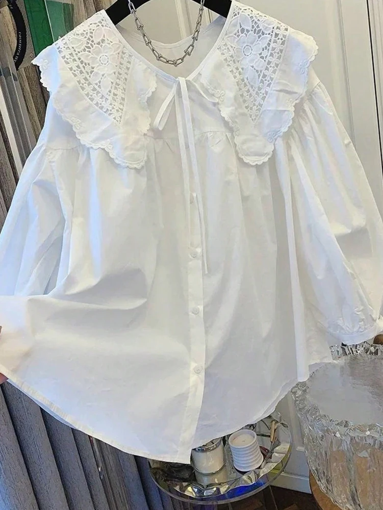 Women's Casual Loose Doll Collar Blouse, Elegant Lace Trim Peter Pan Collar Shirt, Sweet Daily Top for Spring Summer