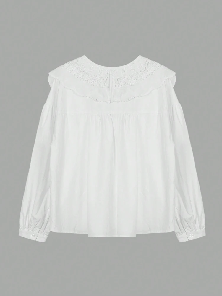 Women's Casual Loose Doll Collar Blouse, Elegant Lace Trim Peter Pan Collar Shirt, Sweet Daily Top for Spring Summer