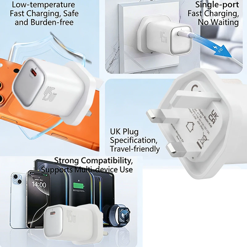 PD 45W GaN USB Charger For Phone Super Fast Charging UK plug Type C Charger