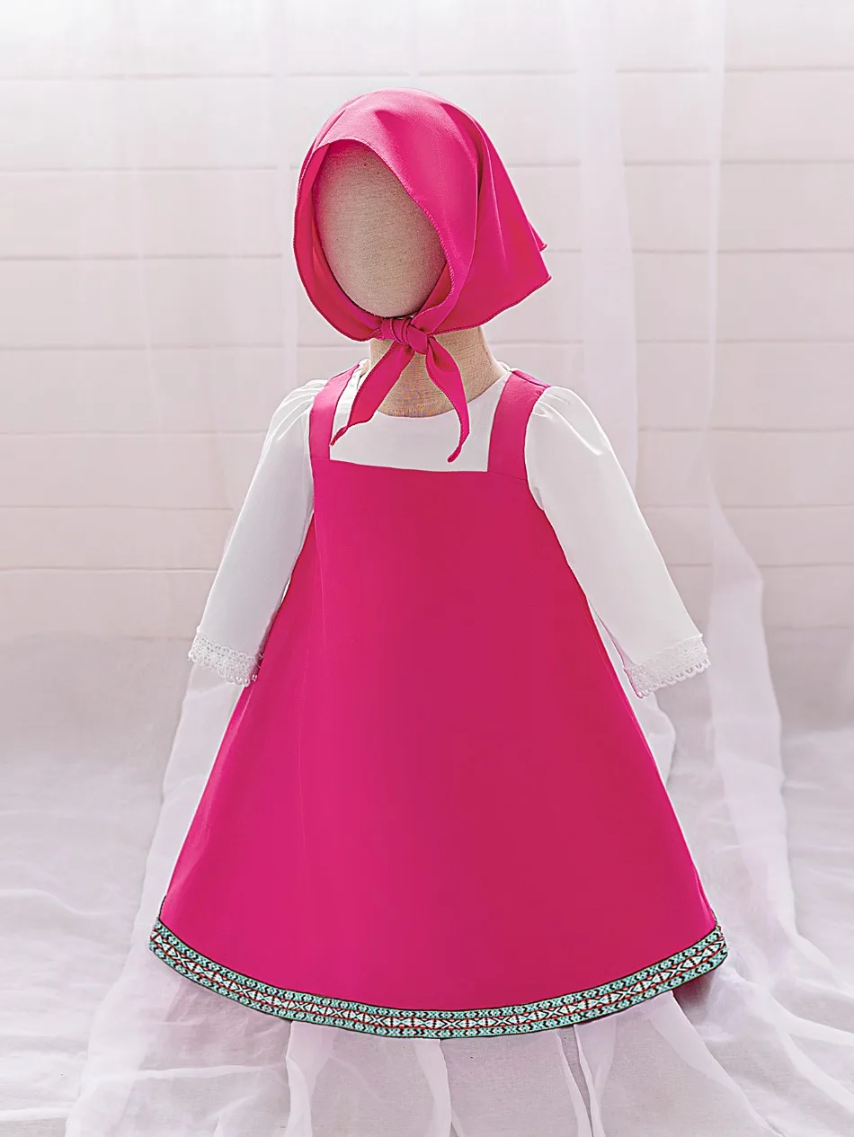 Toddler Cartoon Halloween Masha Cosplay Costume Outfit for Girls Pink Dresses Tshirt Head Scarf Cosplay Cartoon Skirt Set ASQ03
