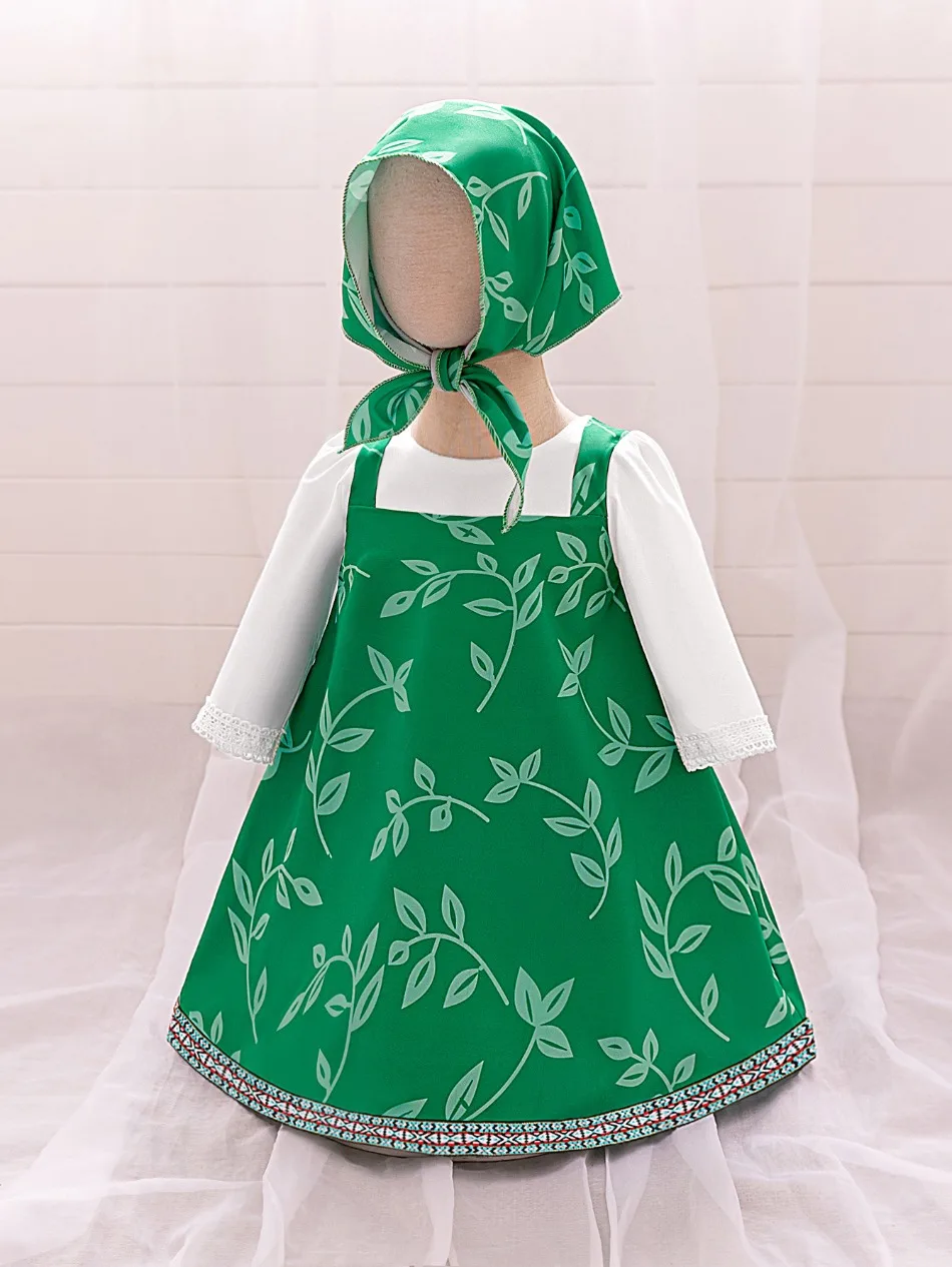 Toddler Cartoon Halloween Masha Cosplay Costume Outfit for Girls Pink Dresses Tshirt Head Scarf Cosplay Cartoon Skirt Set ASQ03