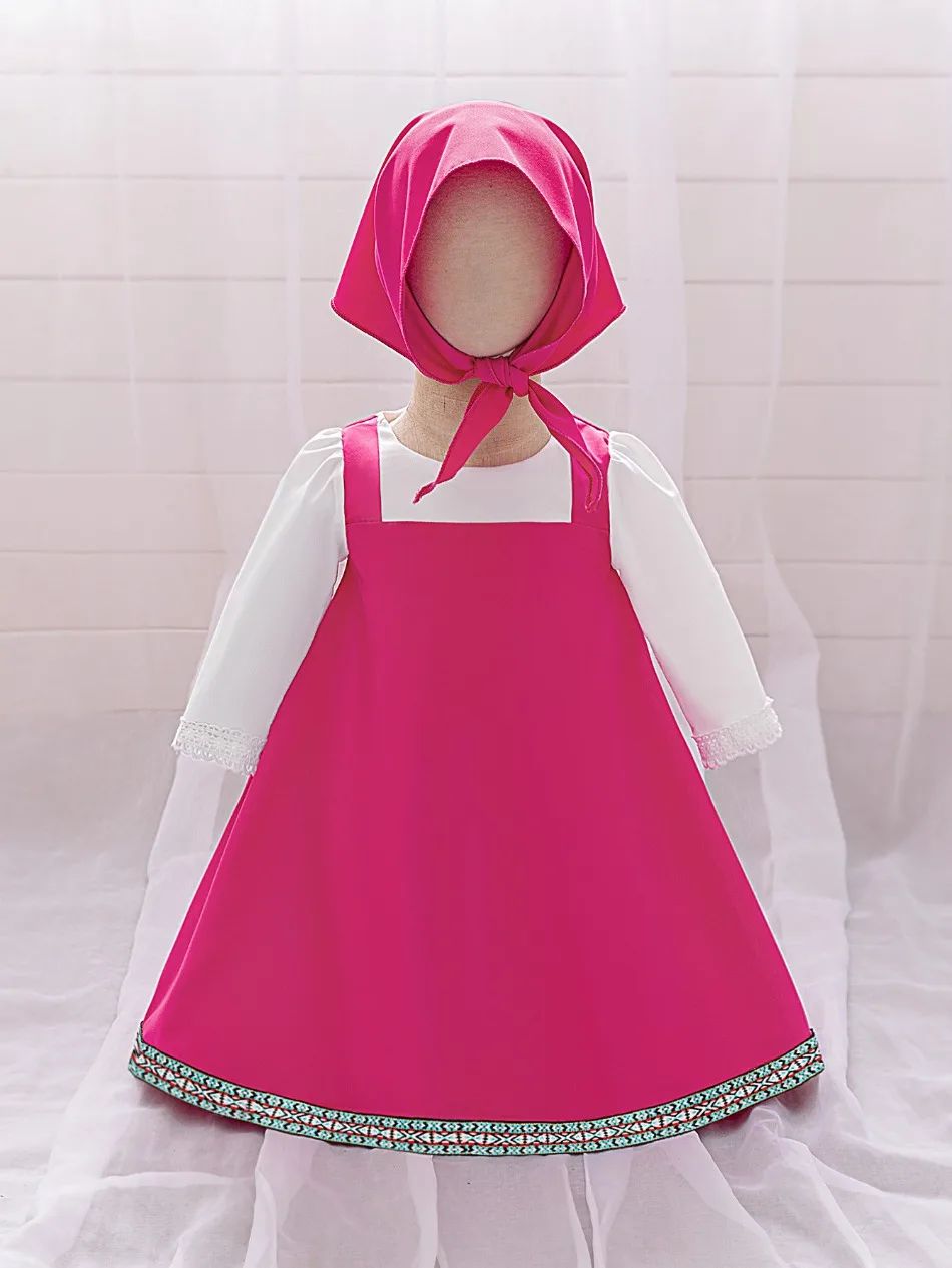 Toddler Cartoon Halloween Masha Cosplay Costume Outfit for Girls Pink Dresses Tshirt Head Scarf Cosplay Cartoon Skirt Set ASQ03
