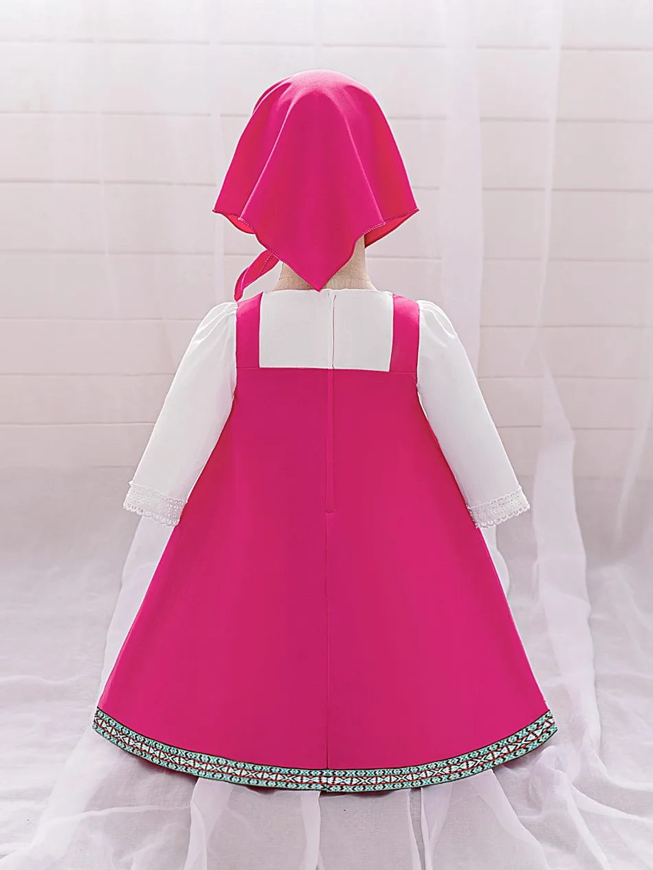 Toddler Cartoon Halloween Masha Cosplay Costume Outfit for Girls Pink Dresses Tshirt Head Scarf Cosplay Cartoon Skirt Set ASQ03