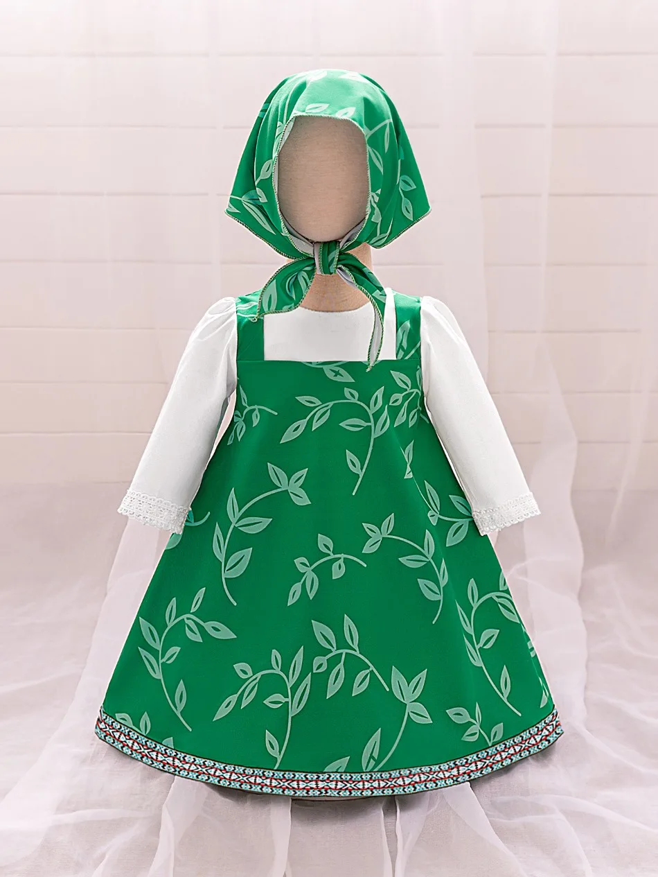 Toddler Cartoon Halloween Masha Cosplay Costume Outfit for Girls Pink Dresses Tshirt Head Scarf Cosplay Cartoon Skirt Set ASQ03