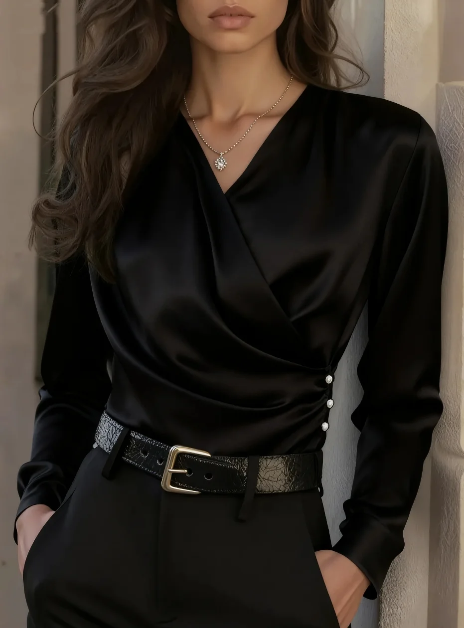 Women's Satin V-Neck Wrap Blouse with Side Buttons - Elegant Long Sleeve Shirt
