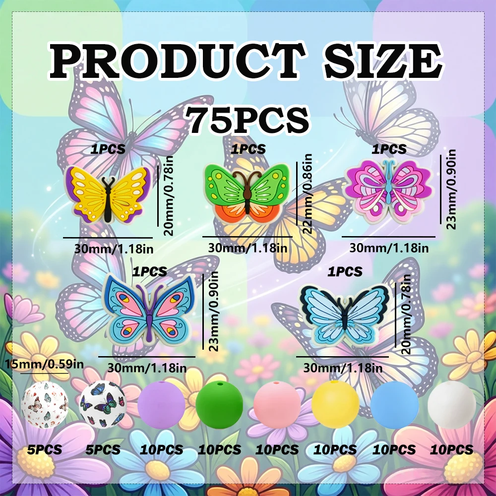 25/75PCS Colorful Butterfly Series Silicone Bead Set, Perfect for DIY Handmade Crafts Such as Keychains, Necklaces, Bracelets, E