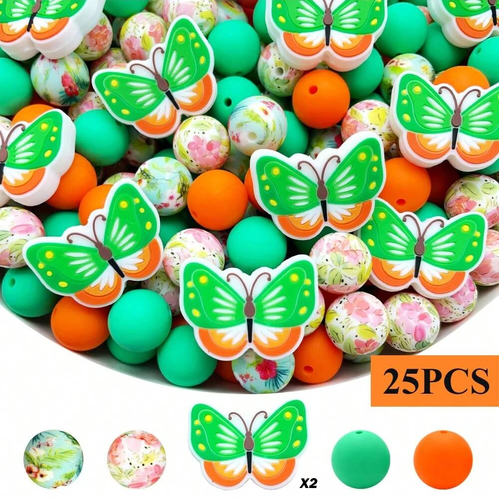 25/75PCS Colorful Butterfly Series Silicone Bead Set, Perfect for DIY Handmade Crafts Such as Keychains, Necklaces, Bracelets, E