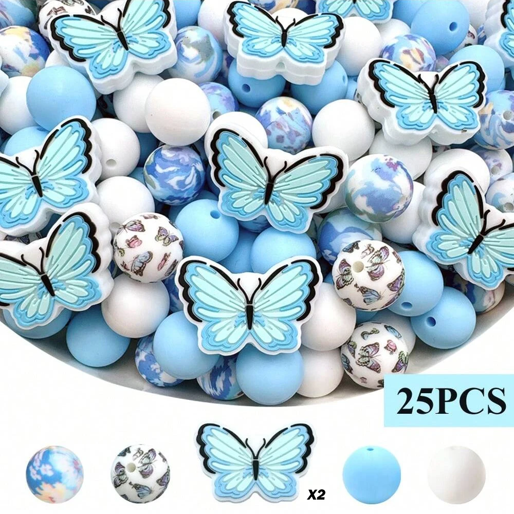 25/75PCS Colorful Butterfly Series Silicone Bead Set, Perfect for DIY Handmade Crafts Such as Keychains, Necklaces, Bracelets, E