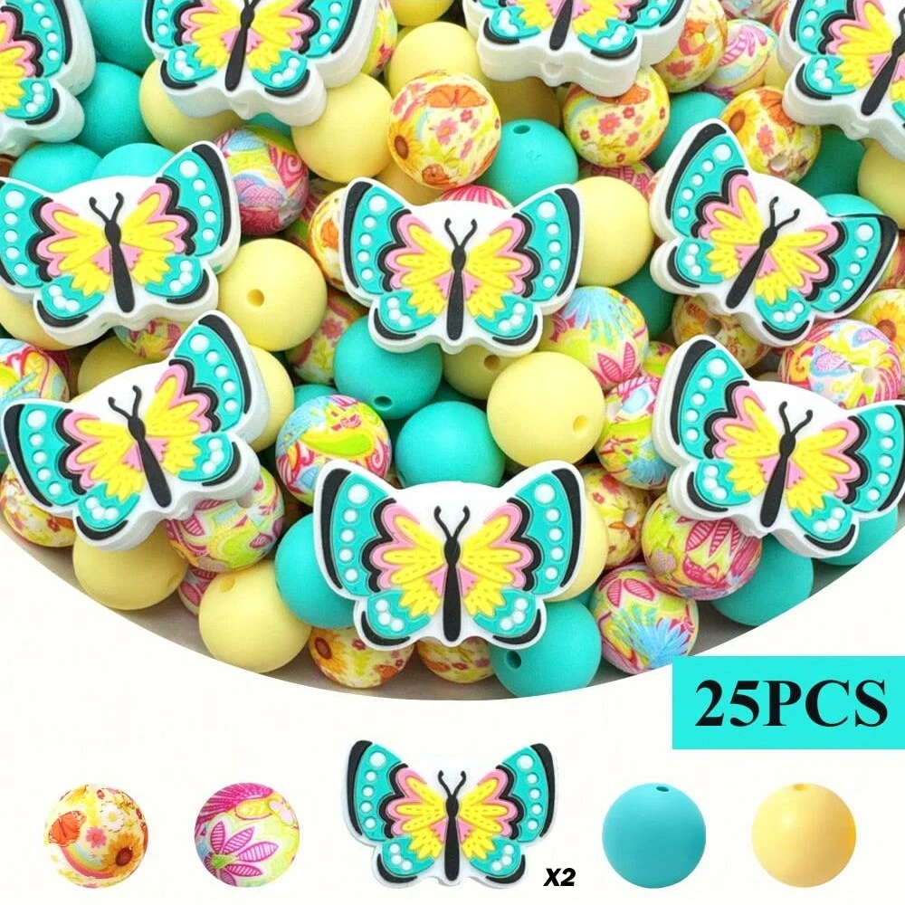 25/75PCS Colorful Butterfly Series Silicone Bead Set, Perfect for DIY Handmade Crafts Such as Keychains, Necklaces, Bracelets, E