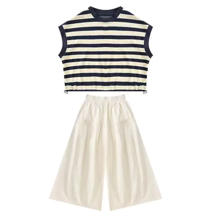 2026 Summer Girls Clothes Child Set Sleeveless Suit Teen Striped T Shirt Crop Top + Wide Leg Loose Pants 4 8 10 12 14 Years