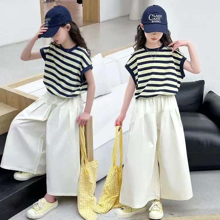 2026 Summer Girls Clothes Child Set Sleeveless Suit Teen Striped T Shirt Crop Top + Wide Leg Loose Pants 4 8 10 12 14 Years