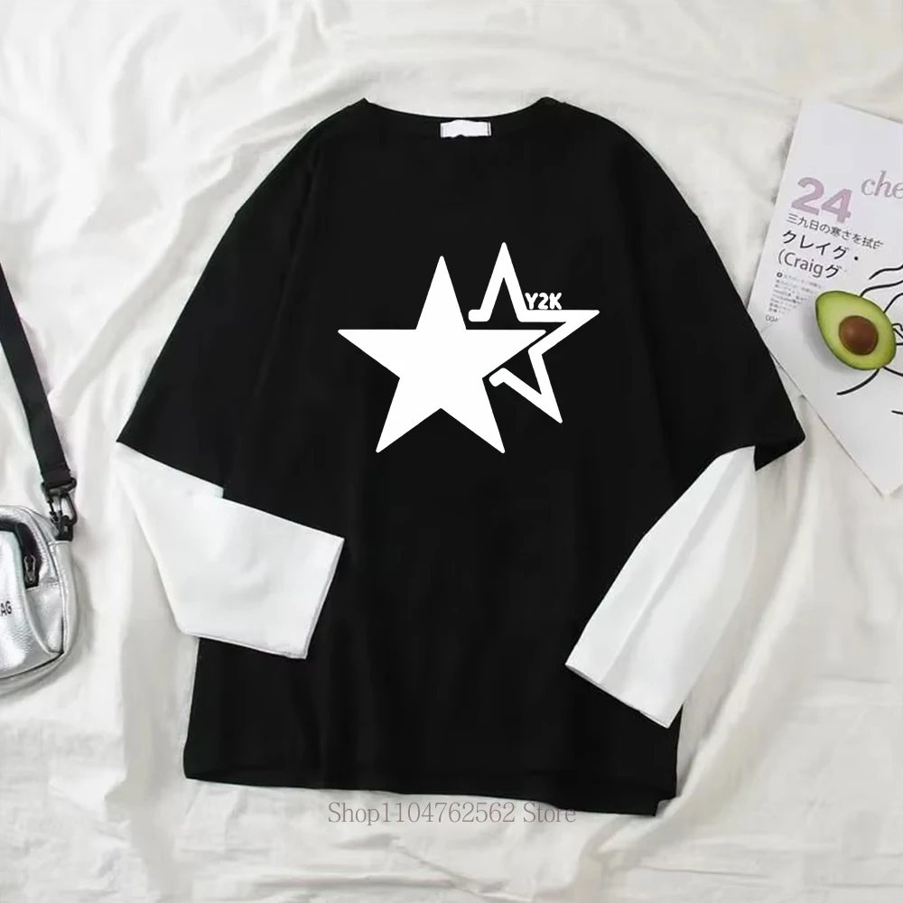 Women Star Y2K Print Graphic Fake Two Long Sleeved T-shirts Fashion Gothic Retro Casual Loose Fake Two Long Sleeved T Shirt