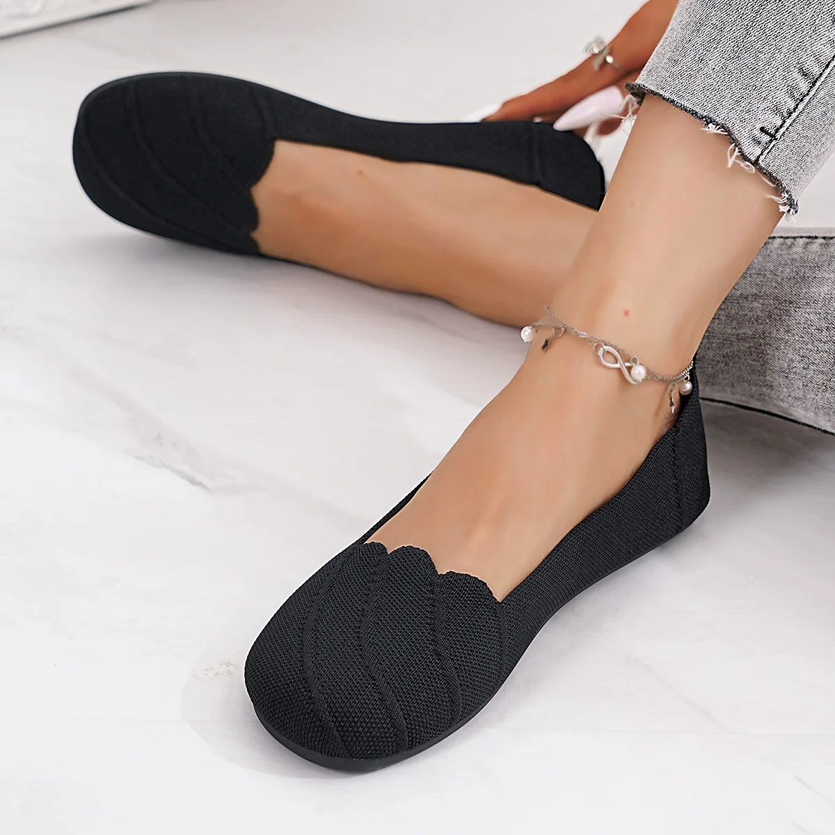Women's Casual Flat Knitted Hollow Out Work Shoes Pure Color RoundToe Breathable Slip-On Shoes Comfortable Summer Shoes