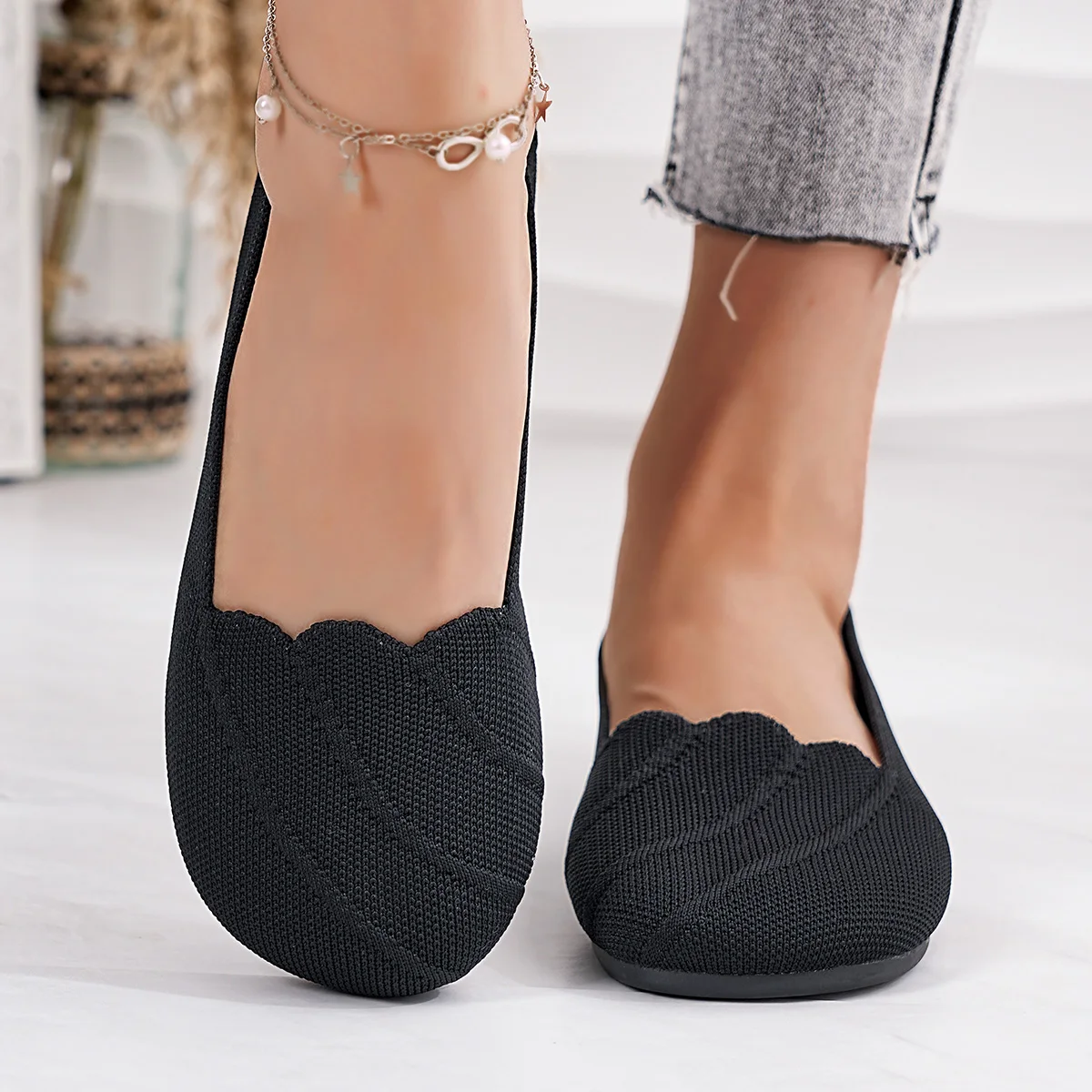 Women's Casual Flat Knitted Hollow Out Work Shoes Pure Color RoundToe Breathable Slip-On Shoes Comfortable Summer Shoes