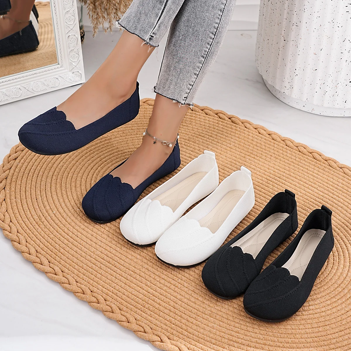 Women's Casual Flat Knitted Hollow Out Work Shoes Pure Color RoundToe Breathable Slip-On Shoes Comfortable Summer Shoes
