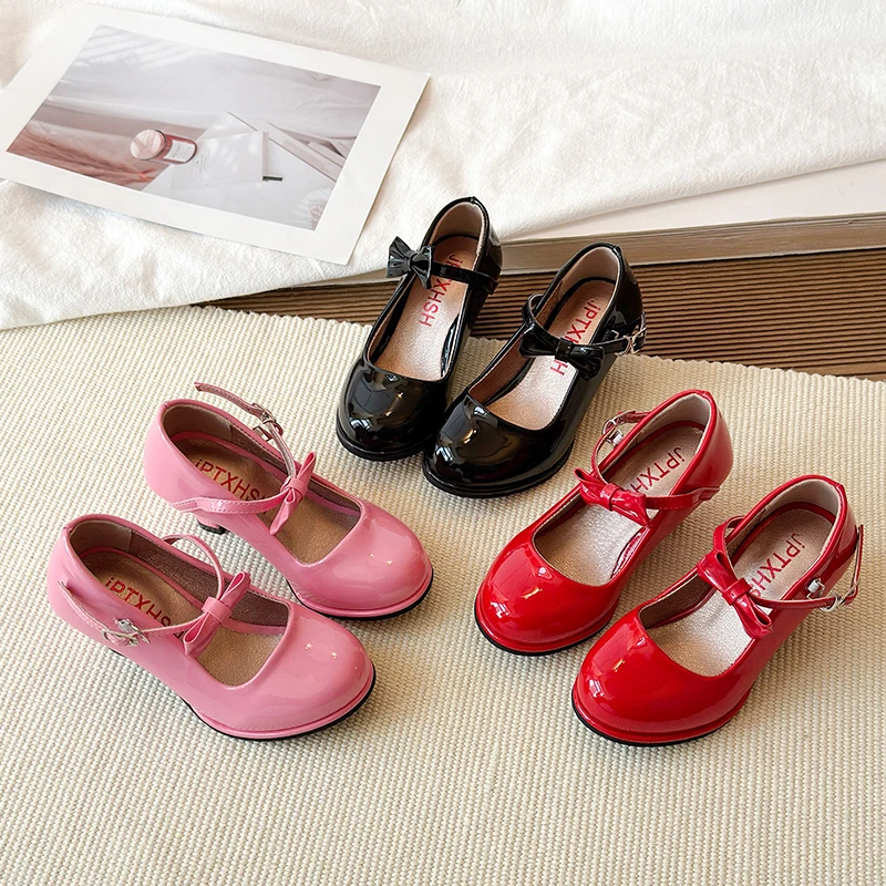 Sweet Mary Jane Shoes for Girls Pink Block Heel Shoes Girls Ages 3-18 High Heels with Shoe Box Red Fashion Kids Leather Shoes
