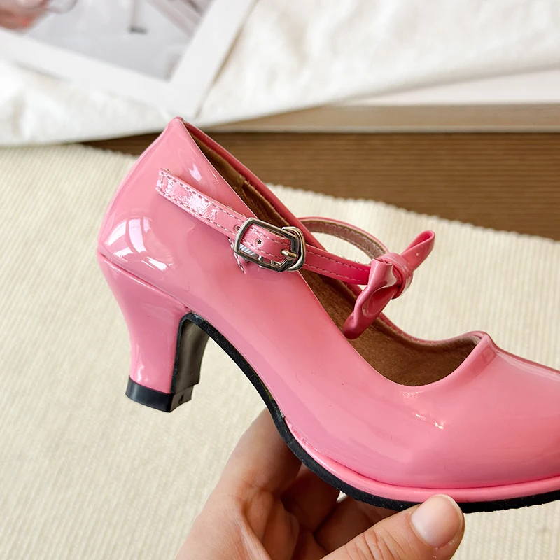 Sweet Mary Jane Shoes for Girls Pink Block Heel Shoes Girls Ages 3-18 High Heels with Shoe Box Red Fashion Kids Leather Shoes