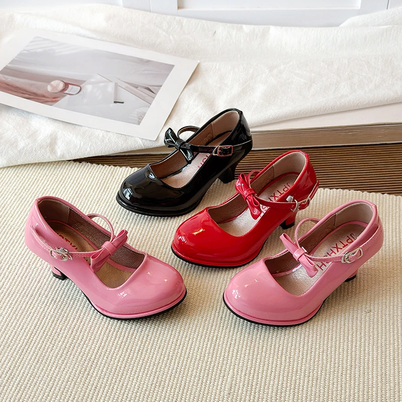 Sweet Mary Jane Shoes for Girls Pink Block Heel Shoes Girls Ages 3-18 High Heels with Shoe Box Red Fashion Kids Leather Shoes
