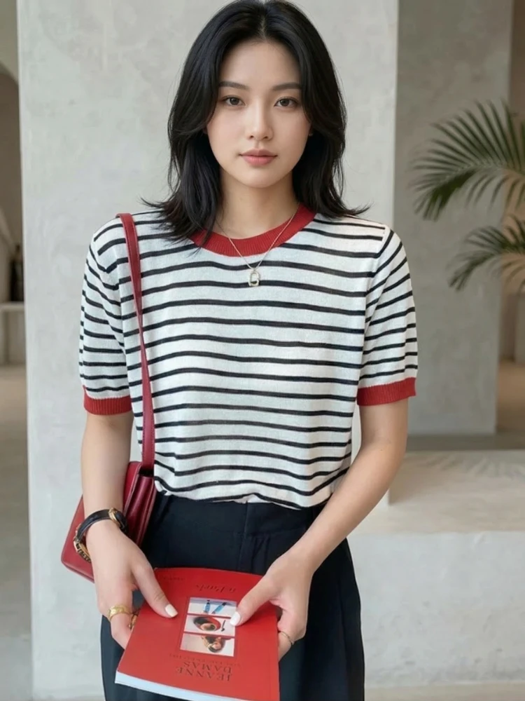Fashion Stripe Knitted Round Collar Tees 2026 Summer Women Tops Print Short Sleeve Casual Simple Versatile Women T-Shirt