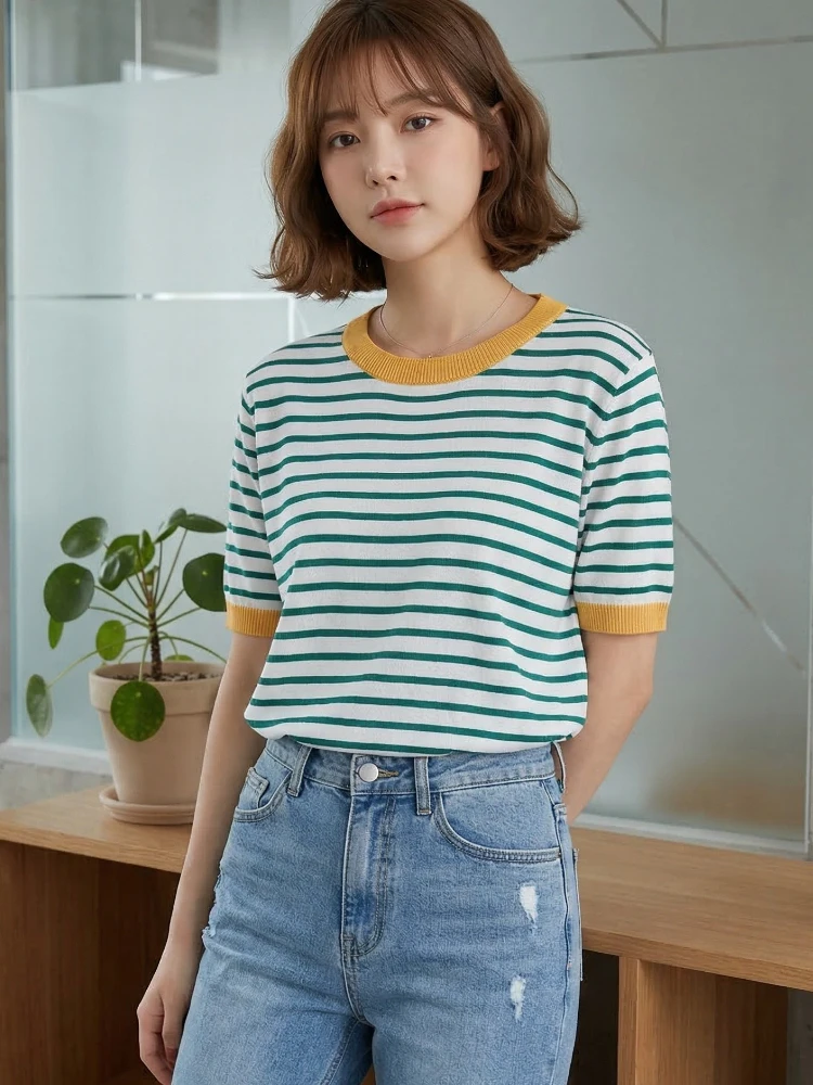Fashion Stripe Knitted Round Collar Tees 2026 Summer Women Tops Print Short Sleeve Casual Simple Versatile Women T-Shirt