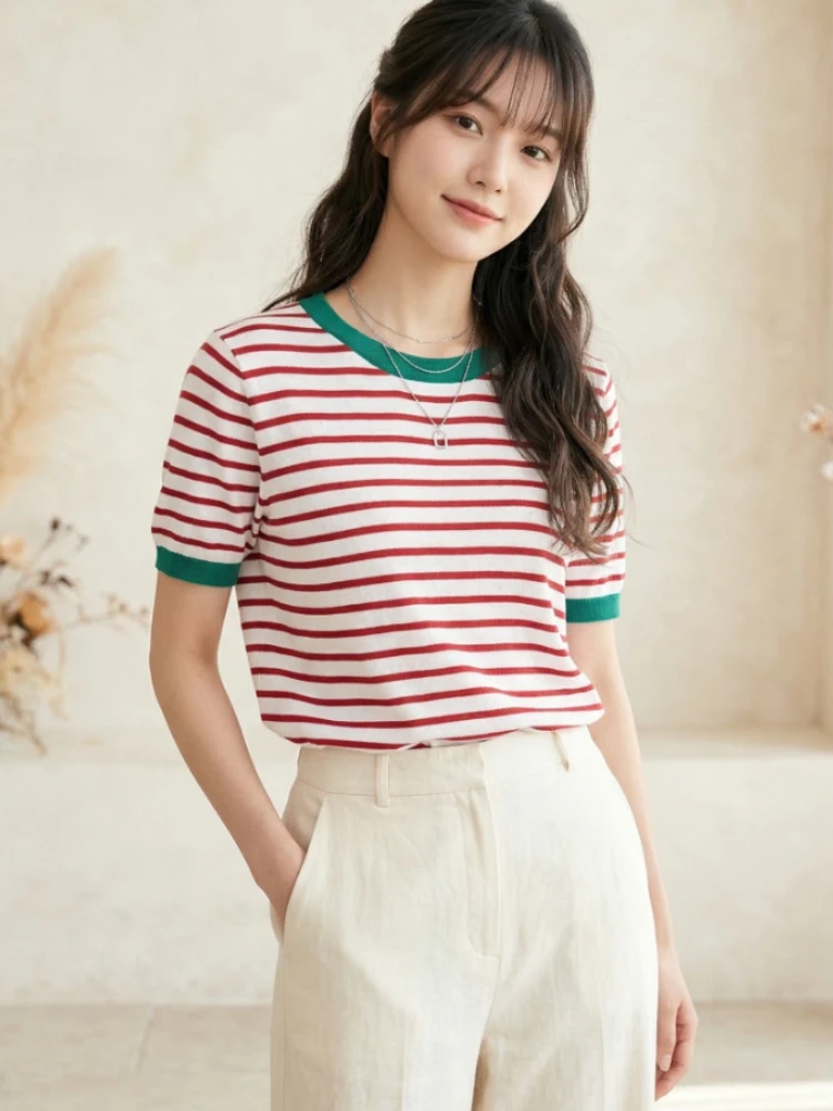 Fashion Stripe Knitted Round Collar Tees 2026 Summer Women Tops Print Short Sleeve Casual Simple Versatile Women T-Shirt