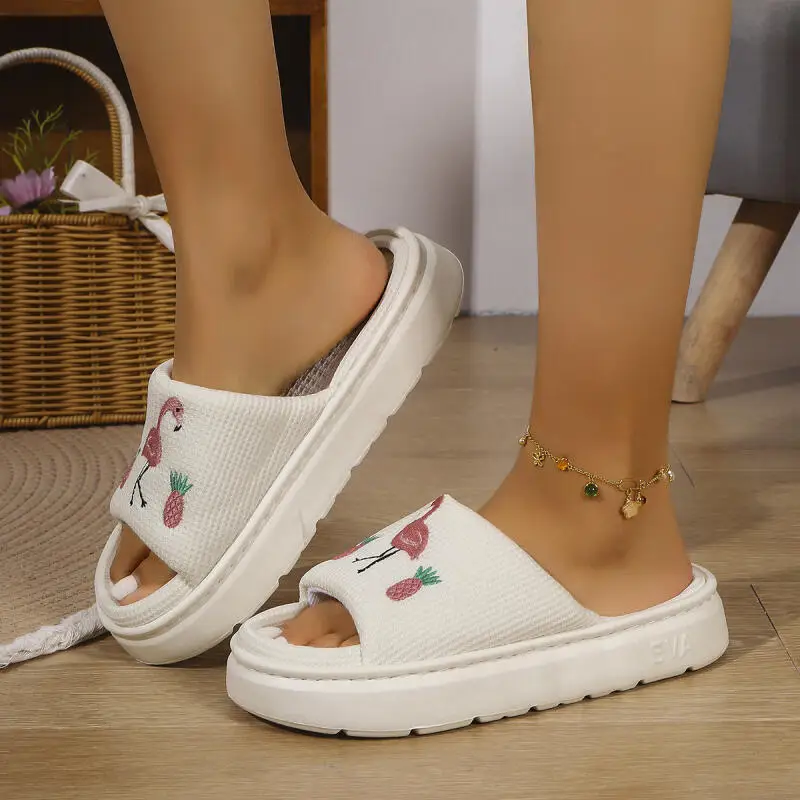 Flamingo Platform Women's Slippers House Hemp Spring Summer Designer Woman Shoes Indoor Slides Soft Thick Sole Non-Slip Floor