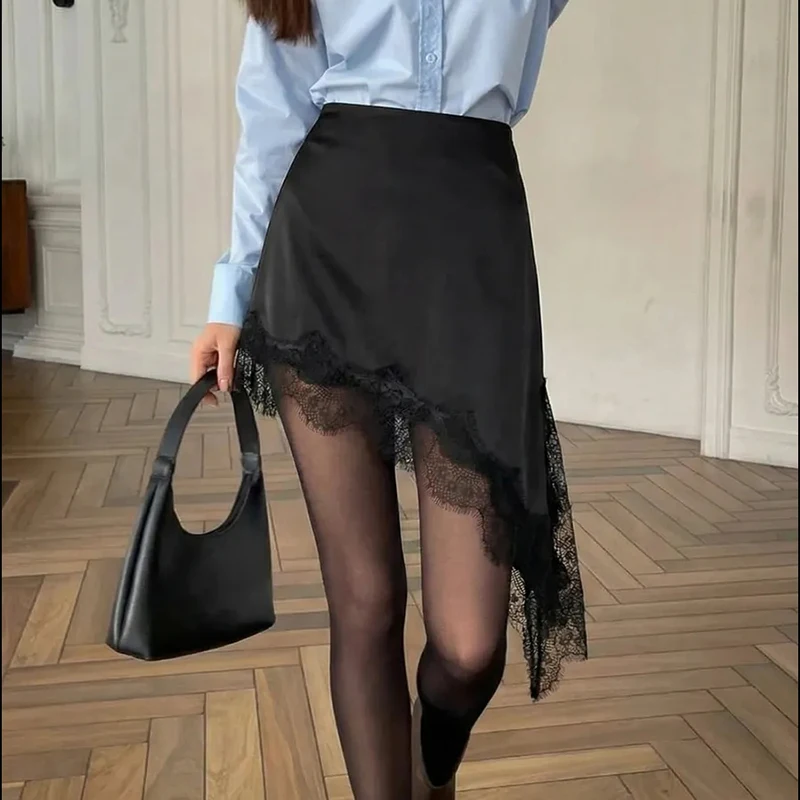 Summer Satin Lace Mini Skirt Women Elegant Irregular Lace Trim MIni Skirt Vintage Elastic Waist Flowy A Line Mini Skirts Y2k