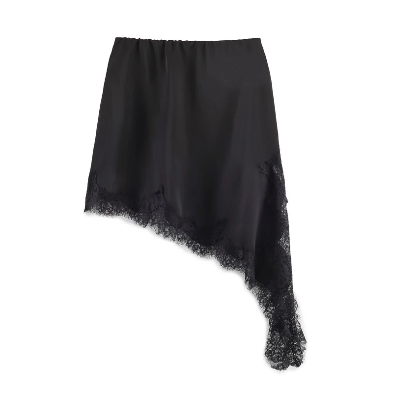 Summer Satin Lace Mini Skirt Women Elegant Irregular Lace Trim MIni Skirt Vintage Elastic Waist Flowy A Line Mini Skirts Y2k