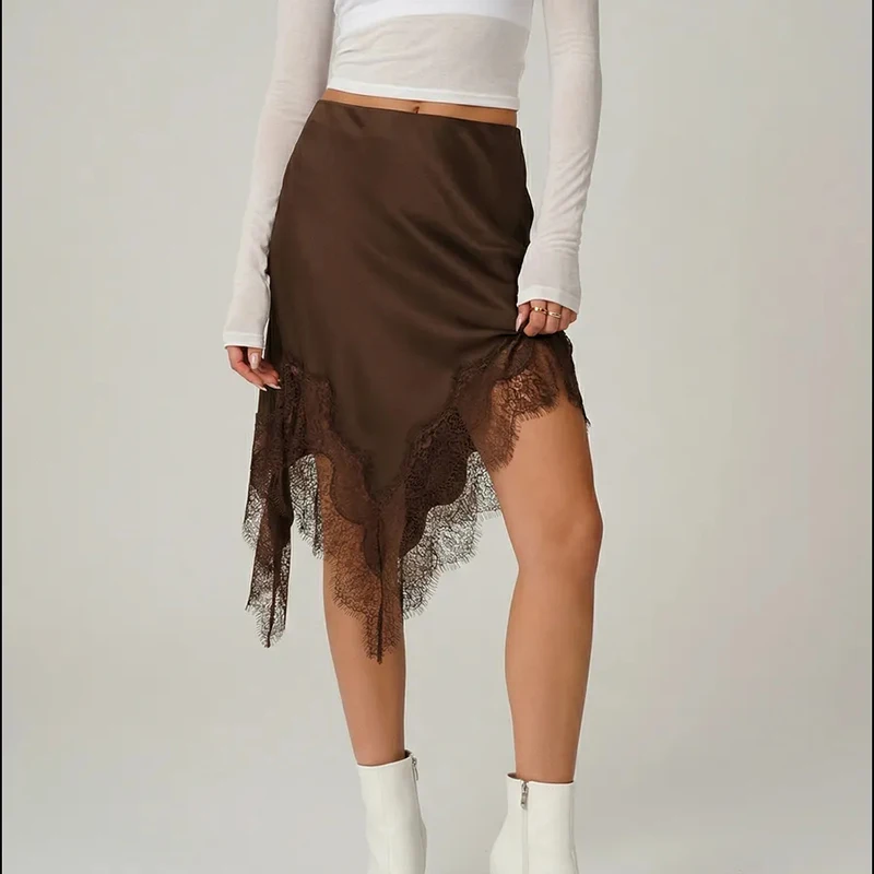 Summer Satin Lace Mini Skirt Women Elegant Irregular Lace Trim MIni Skirt Vintage Elastic Waist Flowy A Line Mini Skirts Y2k