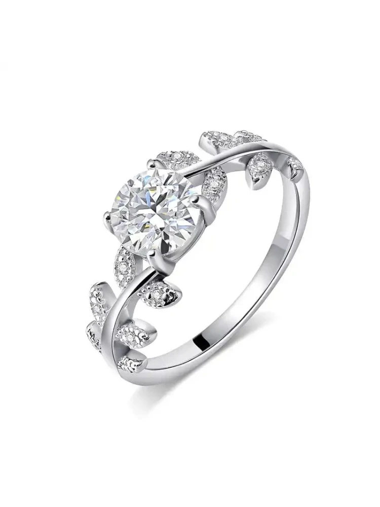 Personalized 1CT Real Moissanite Diamond Leaf Round Ring for Women's Daily Anniversary 925 Sterling Silver Fine Jewelry